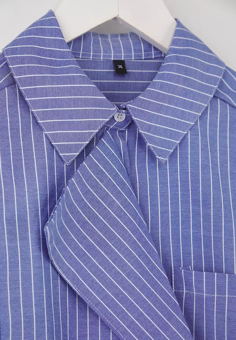 Blue-Multicolored Jacket Collar Oversize Striped Woven Shirt Twoaw26Go00020