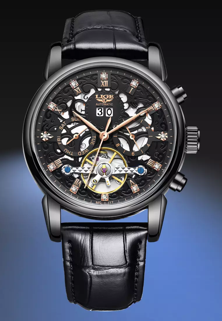 Unisex AUTOMATIC IP Black Stainless Steel Watch 42mm, Black Leather Strap