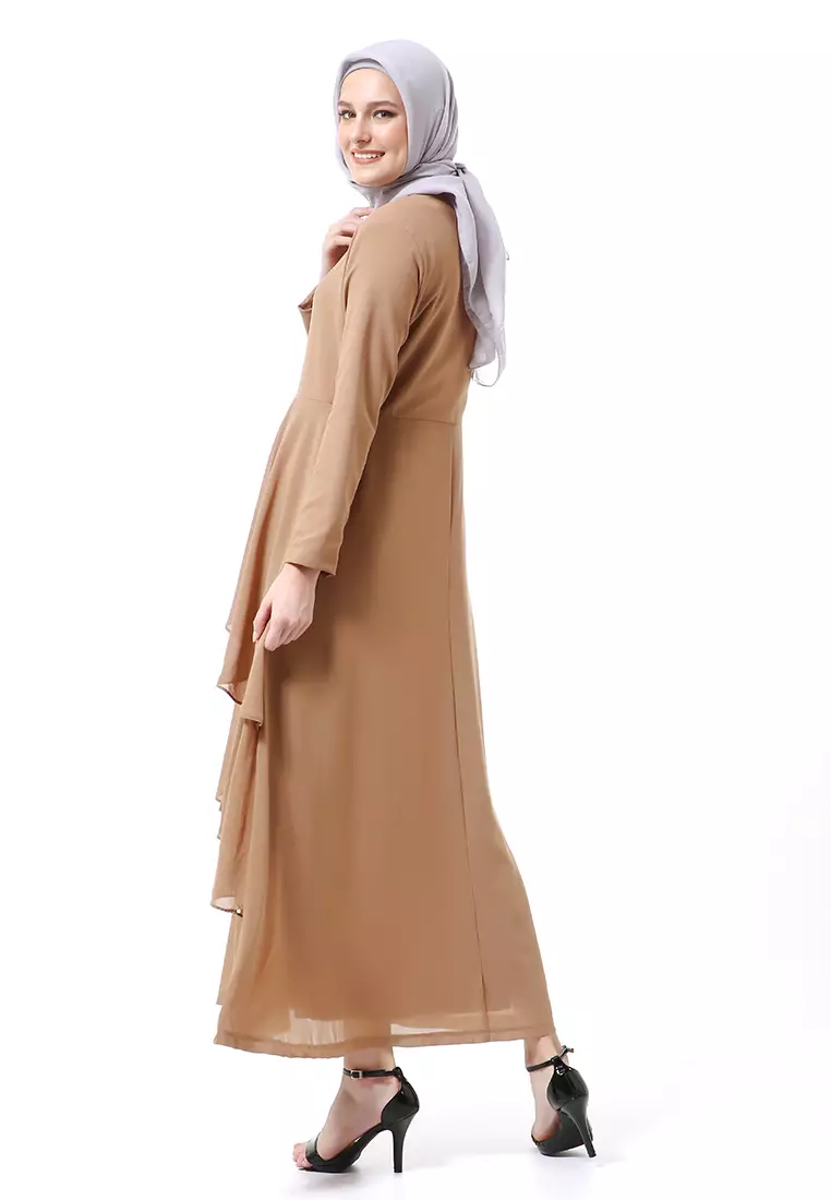 Shafira Dress Muslimah Long Sleeve Motif Polos Premium High Quality - Brown