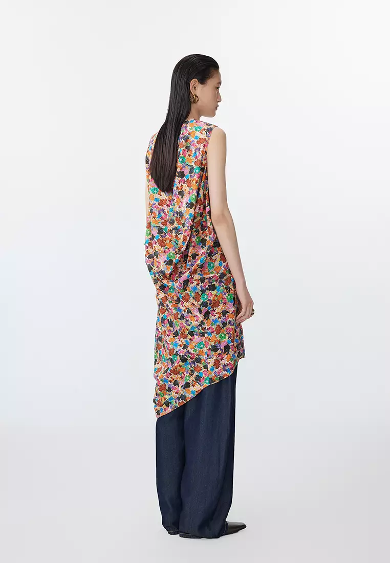 全棉未來主義花朵花型無袖連衣裙