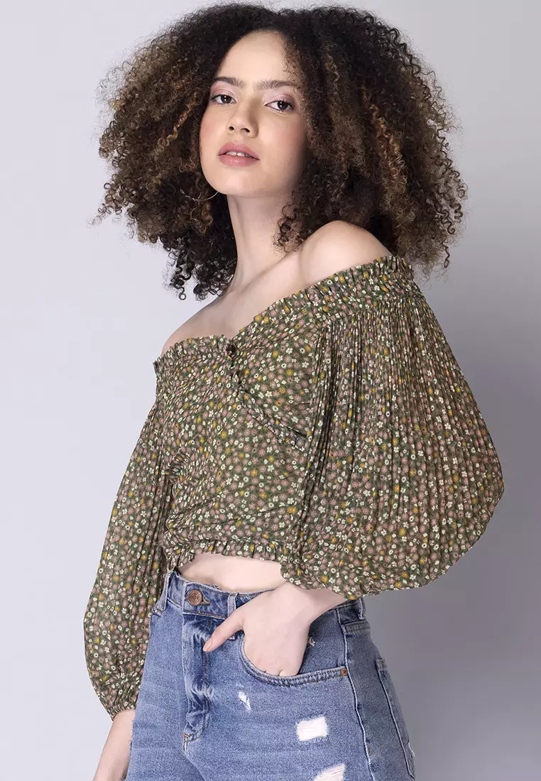 Green Floral Frilled Bardot Top