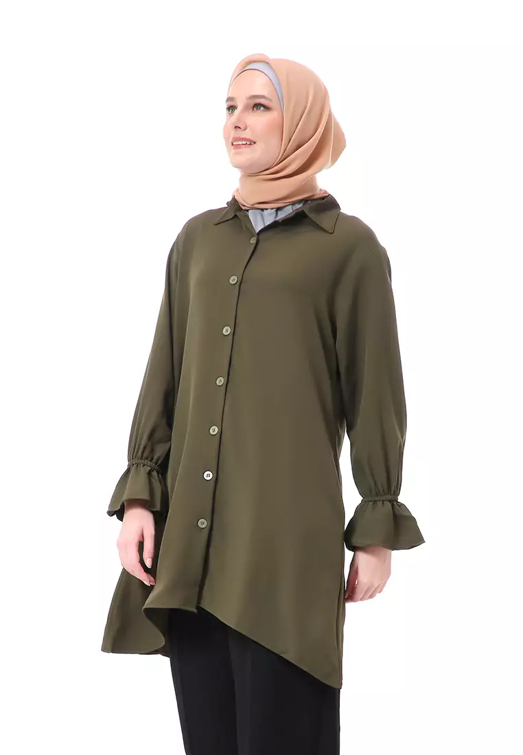 Aleina Blouse Muslimah Atasan Wanita Long Sleeve Premium High Quality - Army