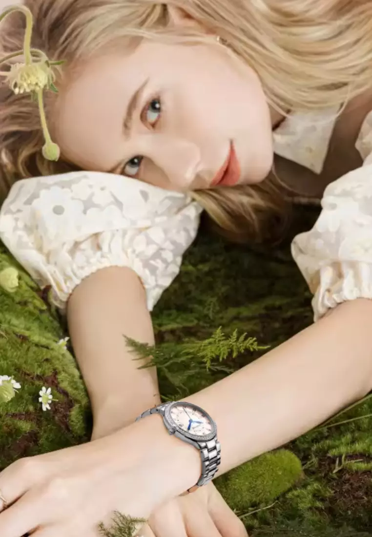 Ladies Stainless Steel Quartz Watch, 32mm, Bezel Paved with Crystals, Stainless Steel Bracelet