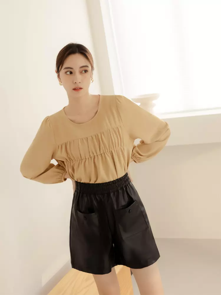 Wrinkle-resistant round neck pleated puff sleeve top [AB19141]