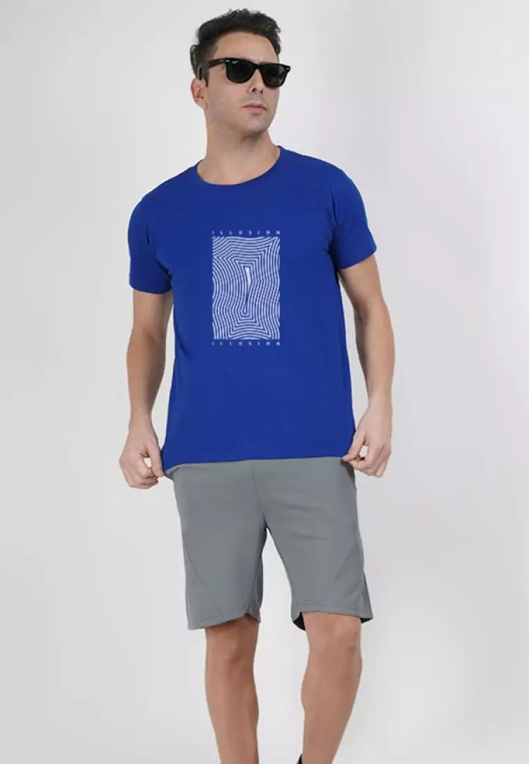 Circular Print Graphic Royal Blue Cotton Short Sleeve Regular Fit Tee