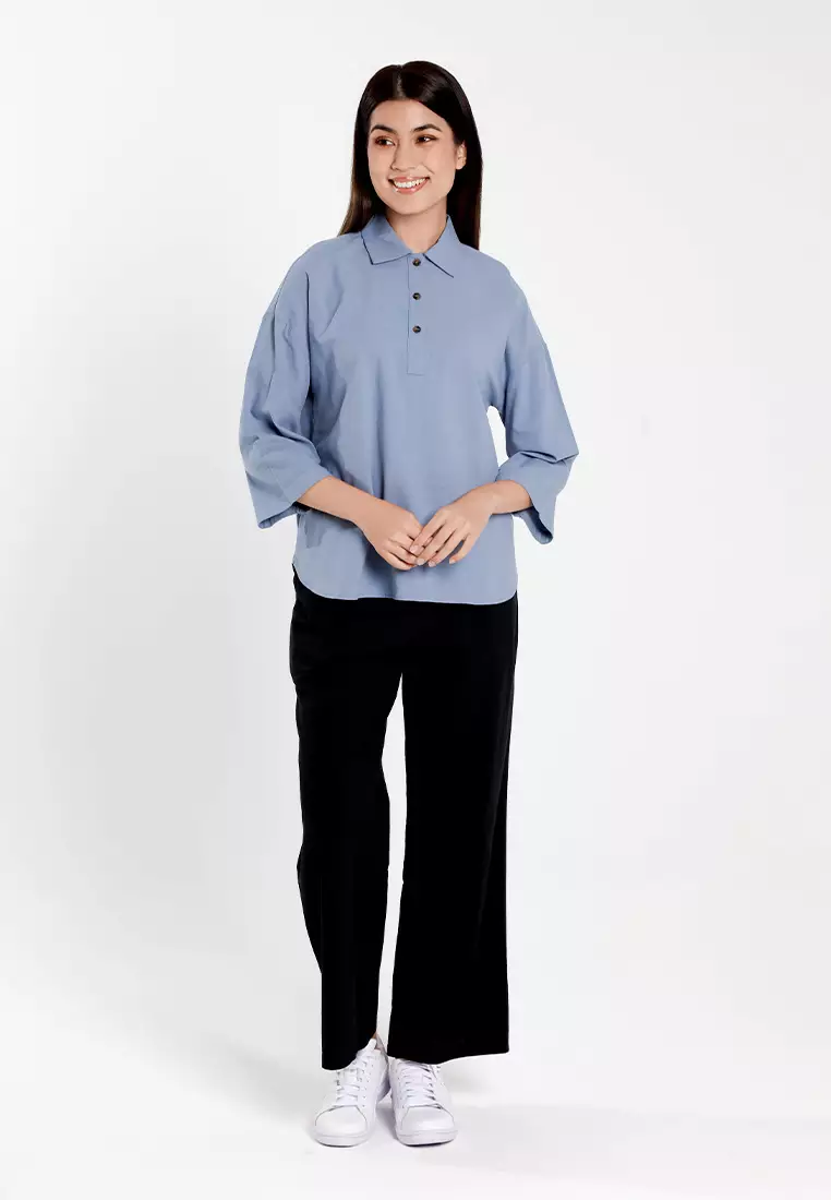 Forest Ladies Cotton Linen 3/4 Sleeve Collar Blouse Women Shirt | Baju Kemeja Perempuan Lengan Panjang - 822474-38DustyBlue