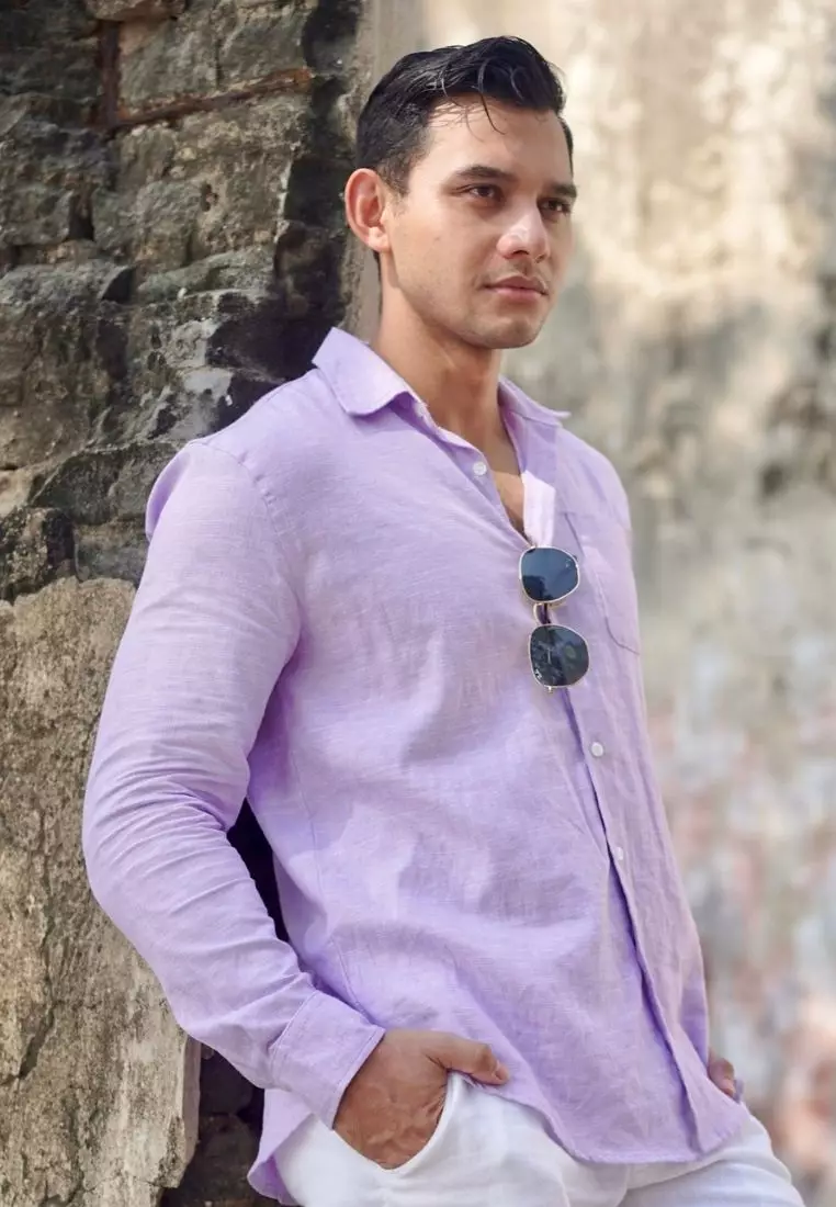 Violet Sky Kemeja Linen Lengan Panjang Pria Ungu Muda | Linen Long Sleeve Shirt Men Lilac