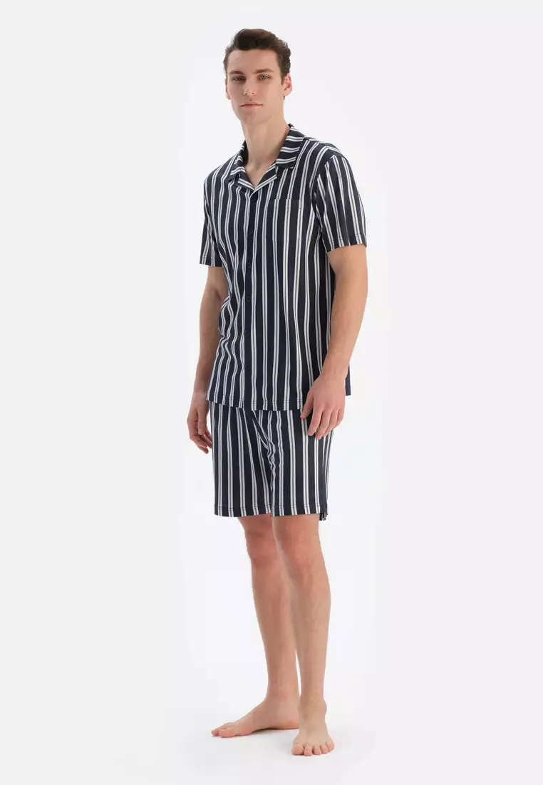 Multicolor Shirt & Shorts Knitwear Set, Striped, Shirt Collar, Regular, Short Leg, Short Sleeve Sleepwear for Men