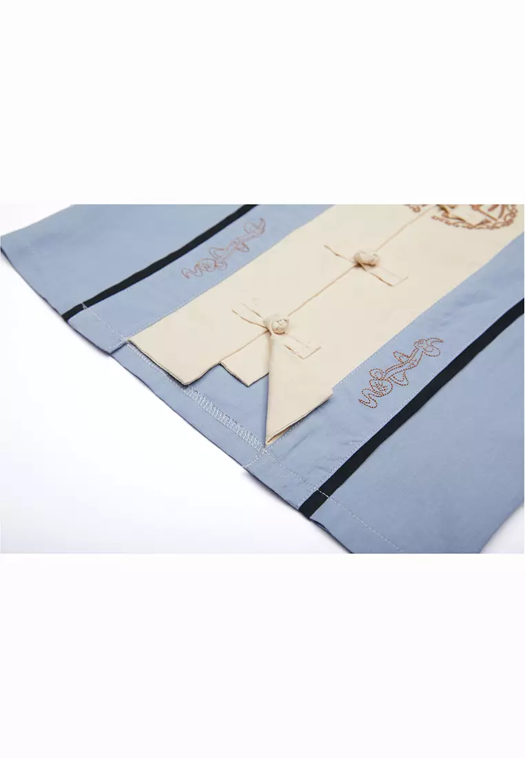 Baby Kids Boys Fake Two Piece Cheongsam Set Blue Top n Black Shorts CNY Chinese New Year Outfit