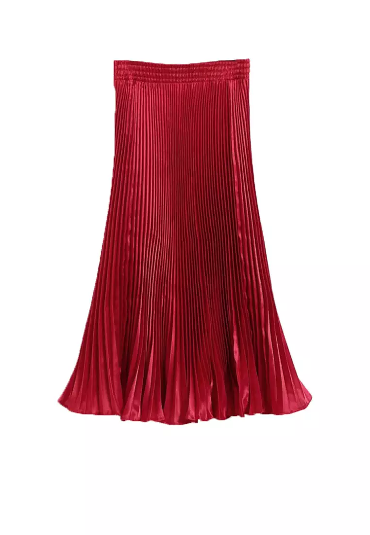 Metallic Silk Pleated Maxi Skirt AF8035