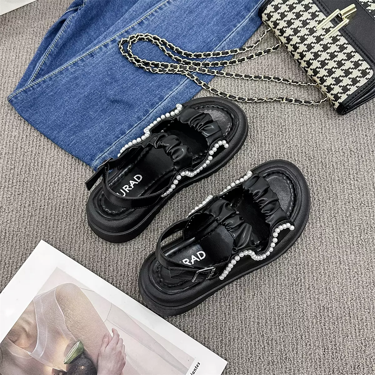 Sandal Flat Kaki Lebar Motif Mutiara Wanita Sendal Cewek WL210