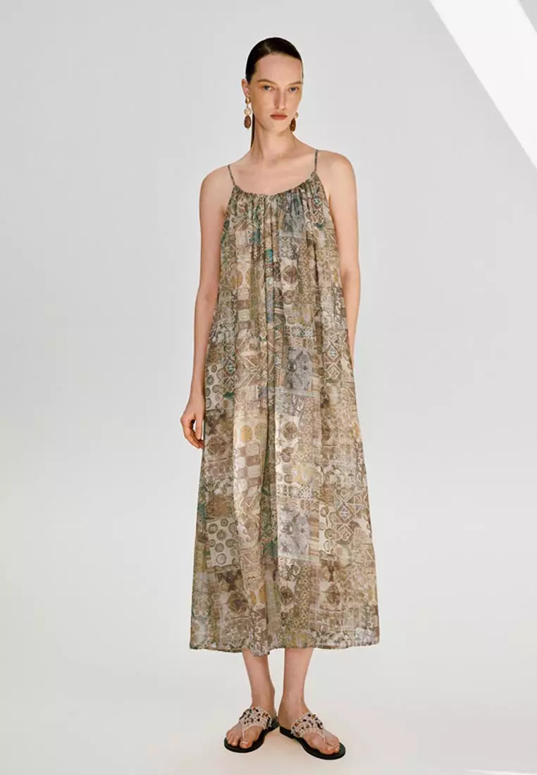 Patchwork Print Midi Dress - Strappy A-Line Slip Sundress