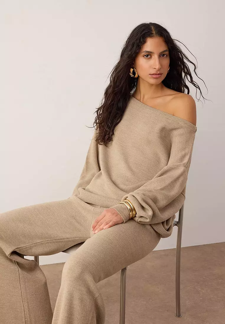 Mink Boat Neck Sweater-Pants Knitwear Bottom - Top Set Twoaw26Au43