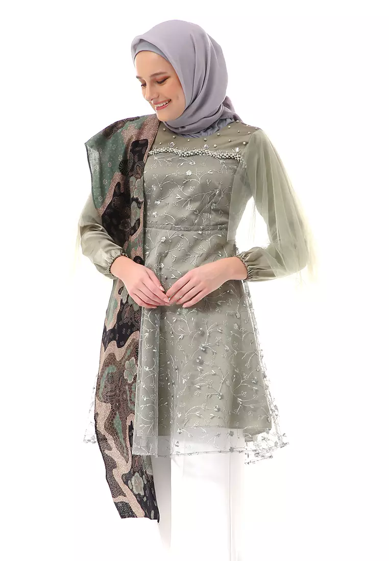 Ivona Long Tunik Motif Batik Atasan Wanita Series Couple Regular Fit - Sage Green