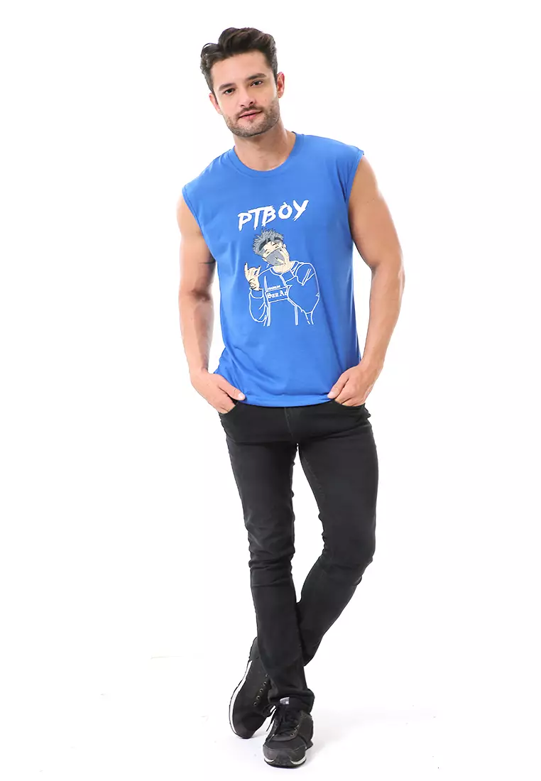 Bobby Atasan Kasual Pria Singlet Motif Ptboy Sleeveless Tshirt Material Cotton ORIGINAL - Blue