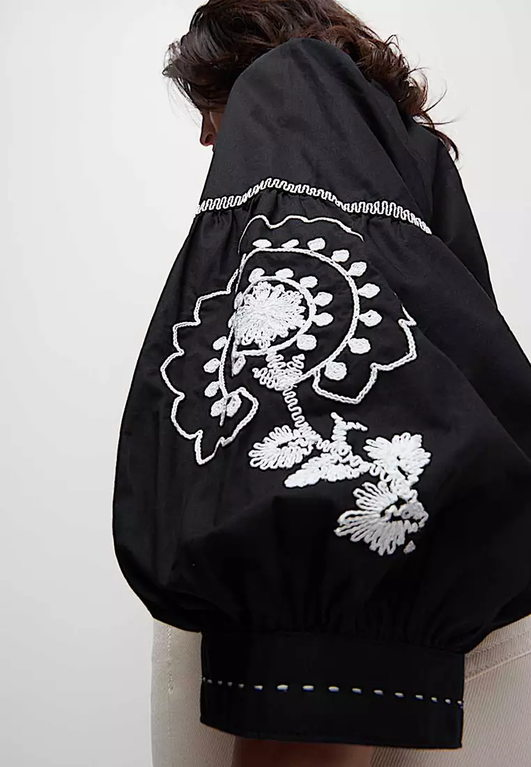 Pure Cotton Embroidered V-Neck Blouse