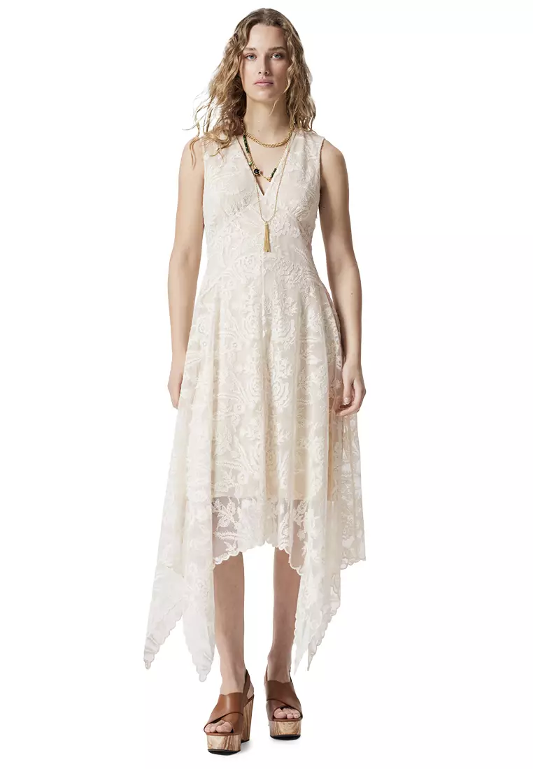 V-Neck Lace Midi Dress