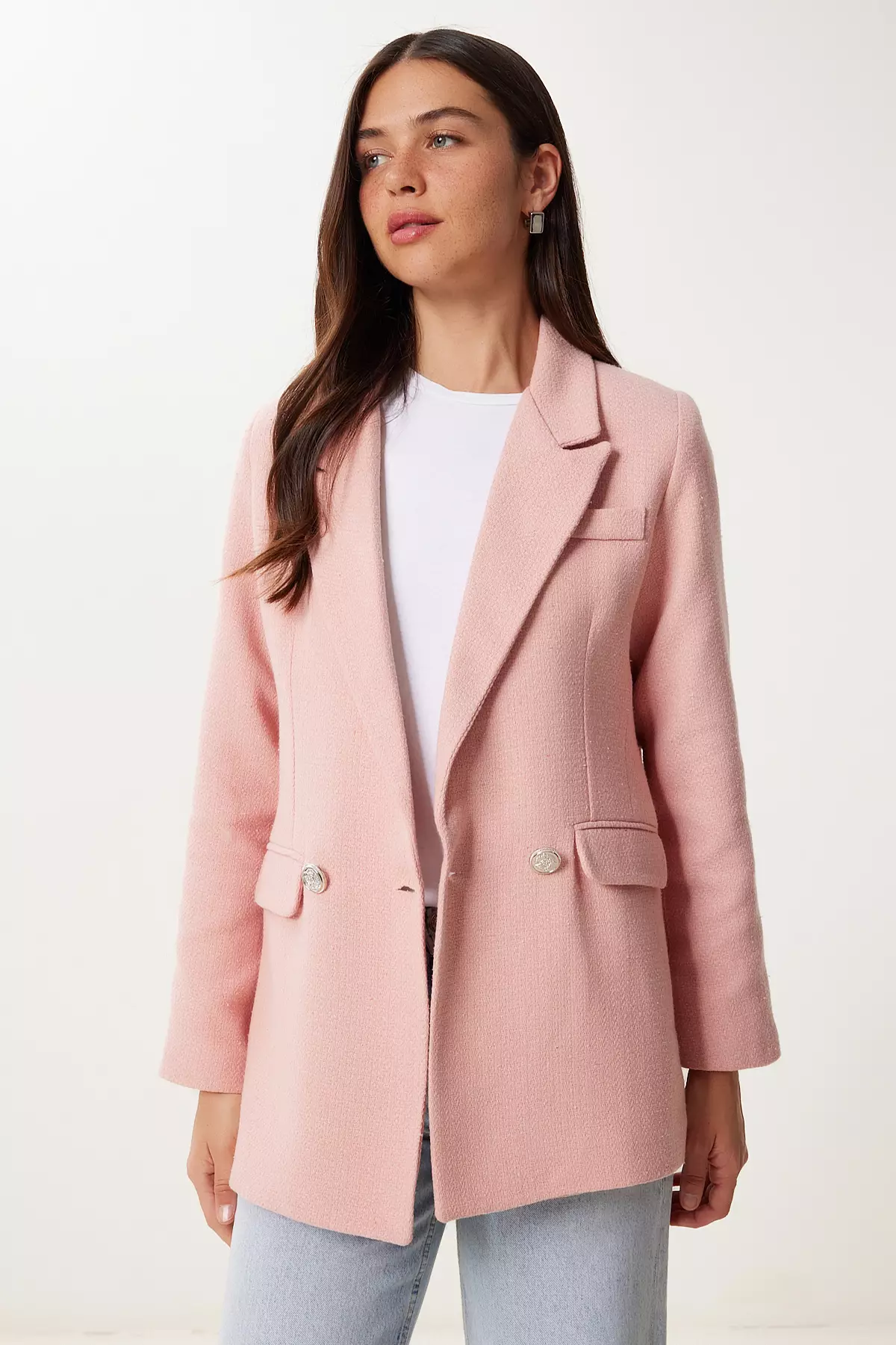 Women's Pink Padded Stylish Buttoned Tweed Blazer Jacket Xl00005