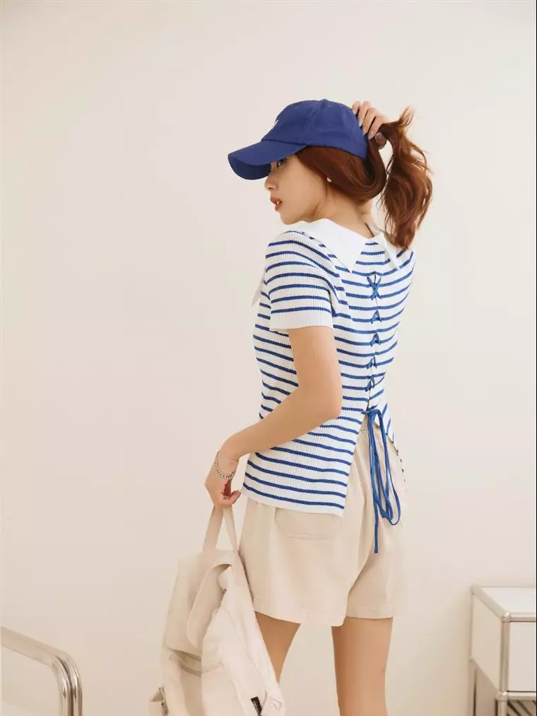 Striped Ribbed V-Neck Back-Tie Short-Sleeve Top [FA2723]
