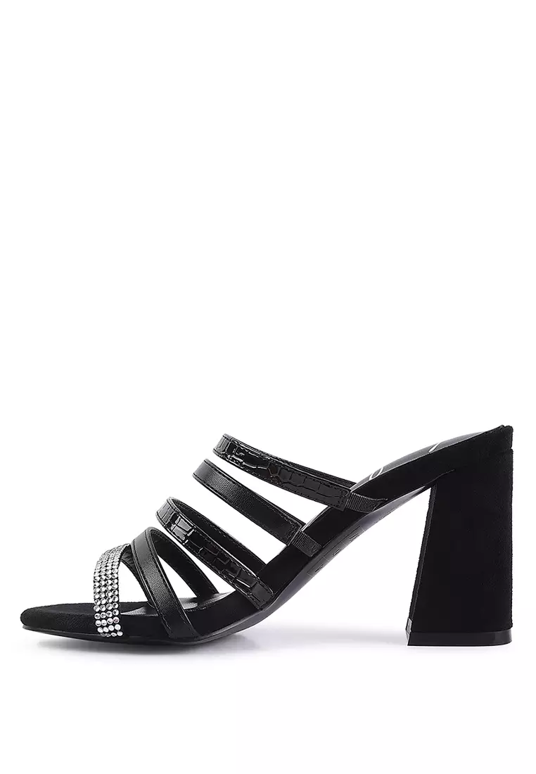 Black Multi Strap Diamante Detail Sandals