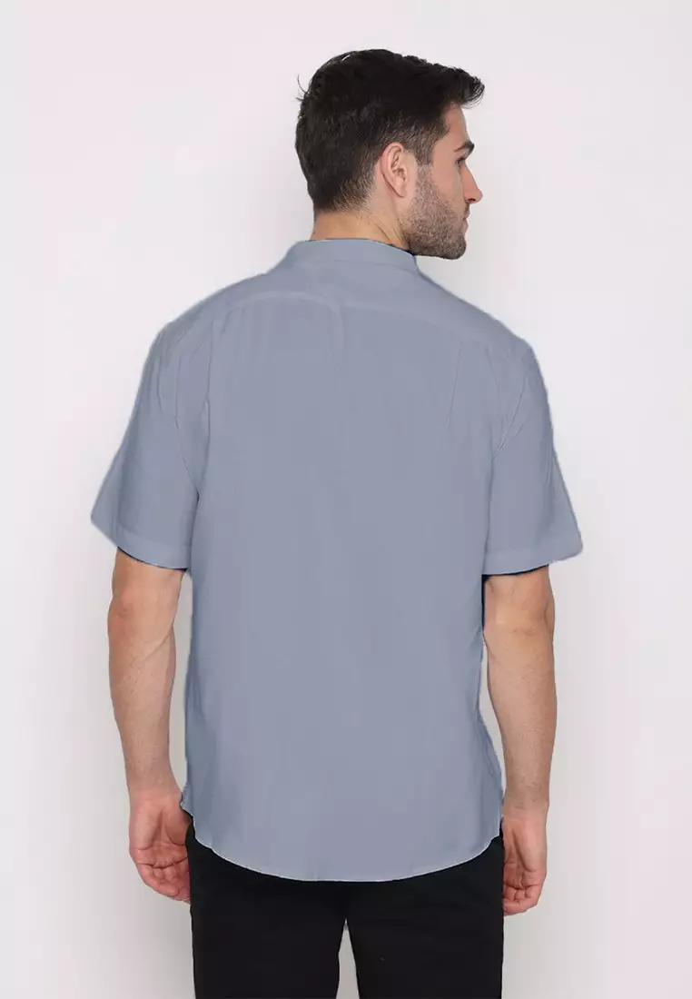 POLICE Kemeja Koko Polos Cotton Soft Blue Grey Regular Fit Lengan Pendek Pria