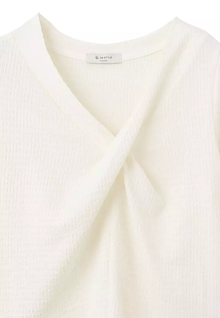 Textured Twist-Front  Chiffon Long Sleeve Top [AB18052]