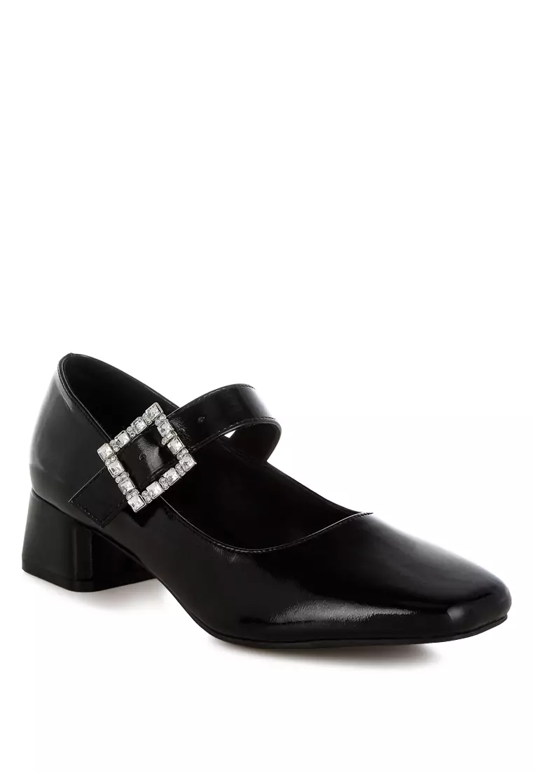 Diamante Brooch Metallic Mary Jane Pumps In Black
