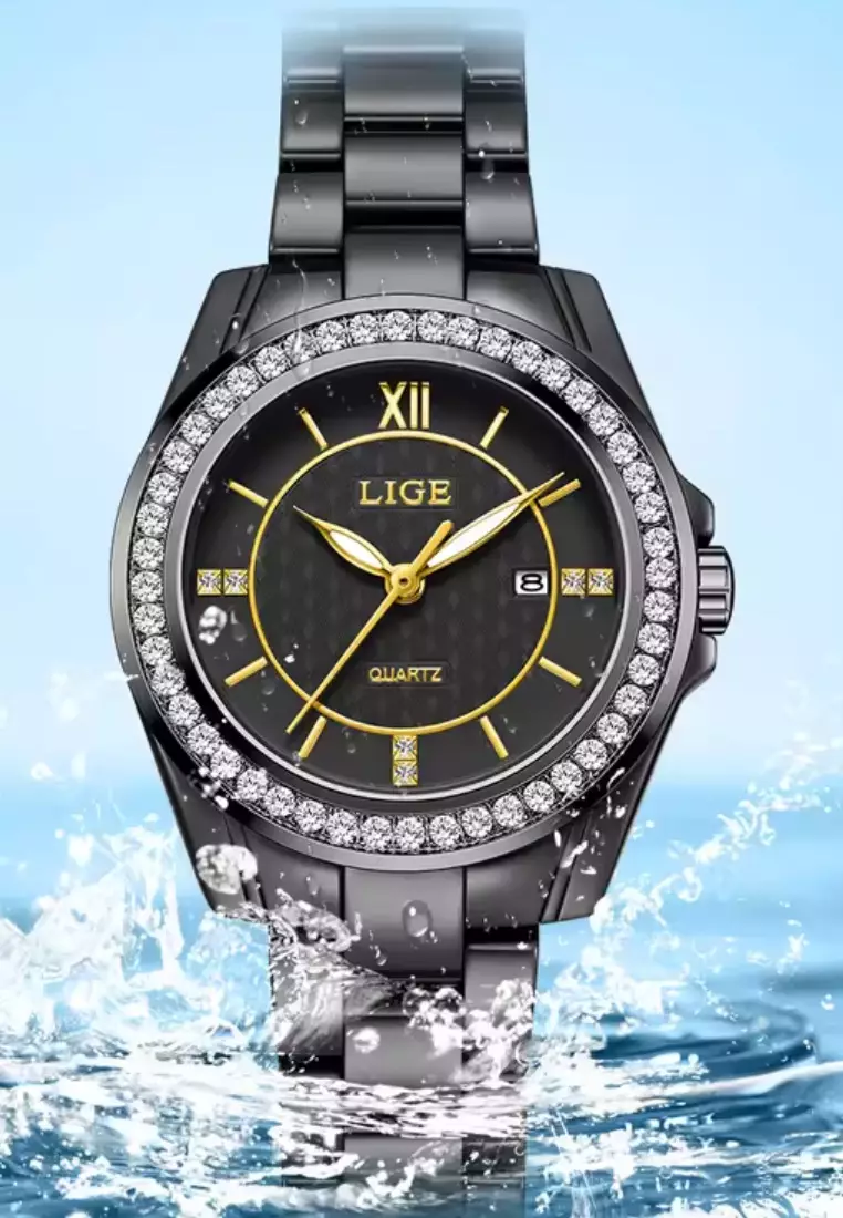 Ladies Alloy Quartz Watch, 32mm , Paved with Crystals, Ceramic Bracelet