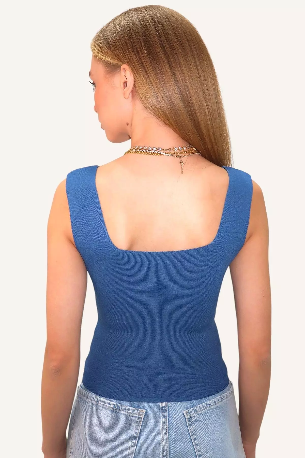 Women's Aviator Blue Square Neck Slim Mercerized Blouse