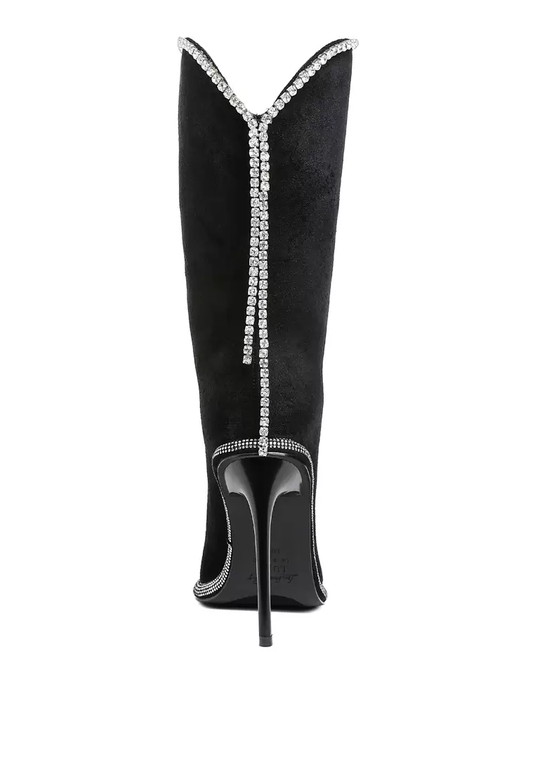 Diamante Chain Detail Calf Boots in Black