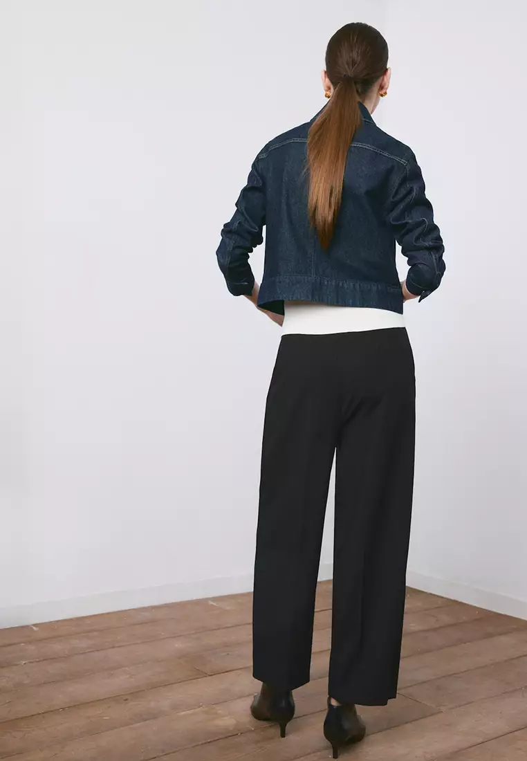 直管剪裁褶飾長褲