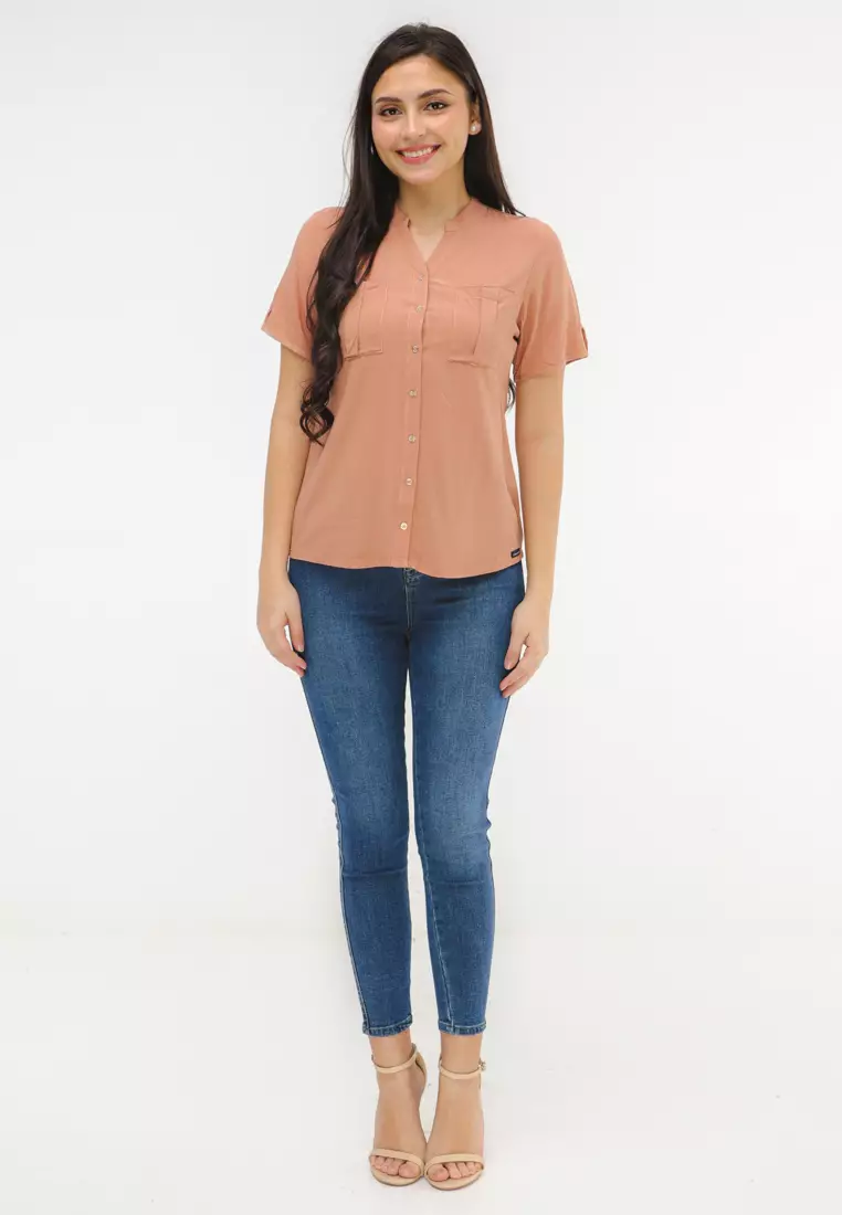 Woven Plain Rayon Short Sleeves Blouse