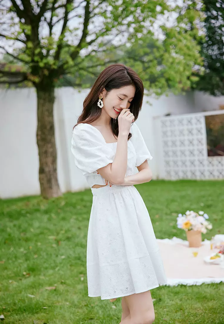 Puff Sleeve Summer Dress with Waist Slit Design