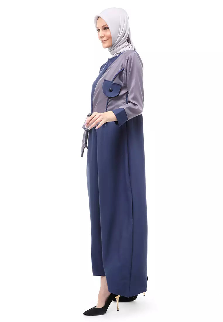 Andira Gamis Muslimah Wanita Dual Tone Color Aksen Tali Ikat Regular Fit - Navy