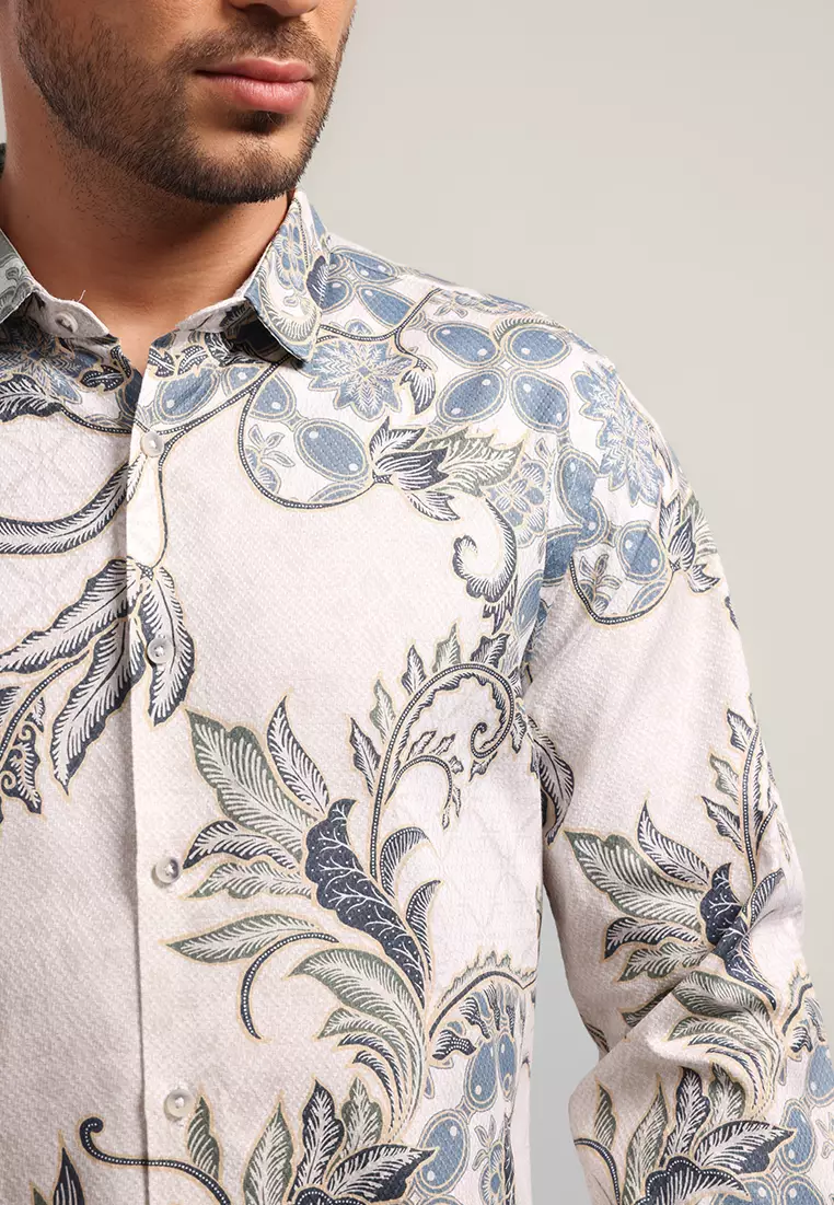 MOC - Kemeja Batik Pria Lengan Panjang Balereng - White Warna White