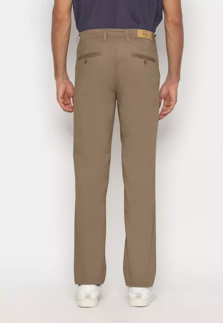 POLICE Celana Chino Panjang Brown Cotton Premium Stretch Regular Fit Pria