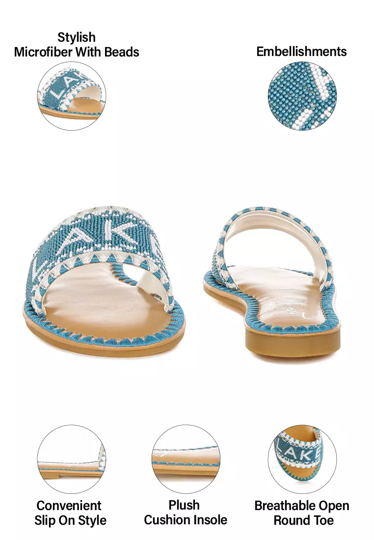 Beaded Lake Como Flat Slip Ons In Blue