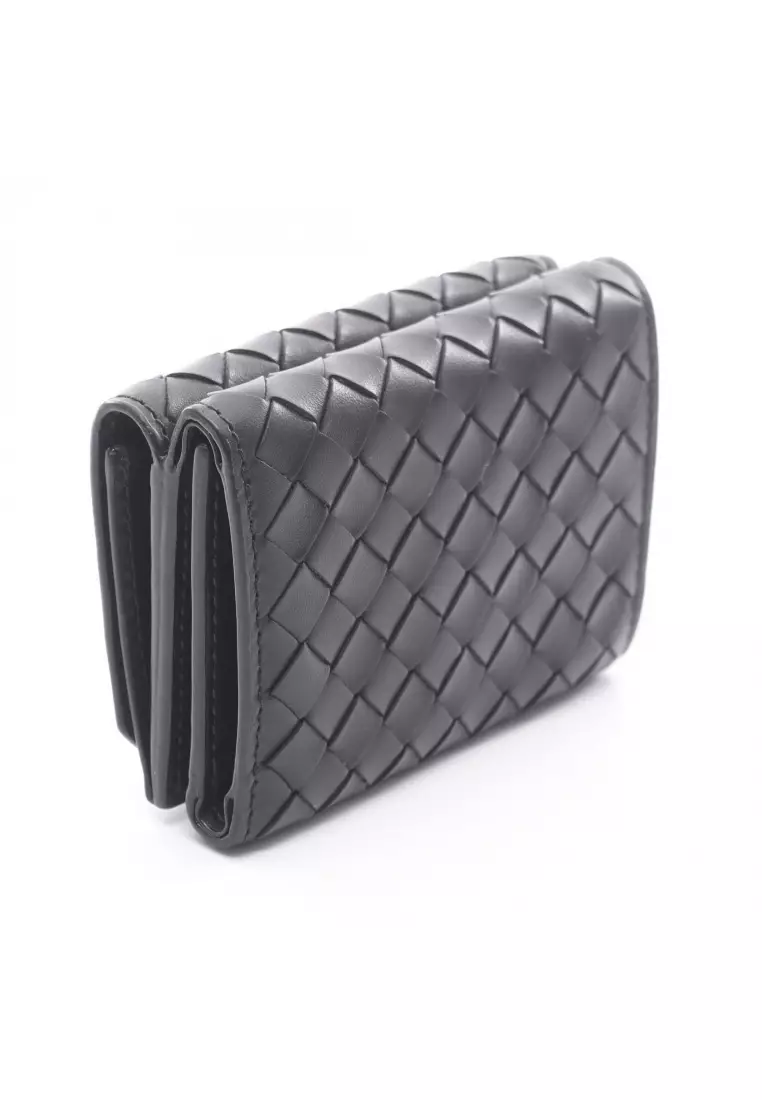 Pre-Loved BOTTEGA VENETA Intrecciato trifold wallet leather black
