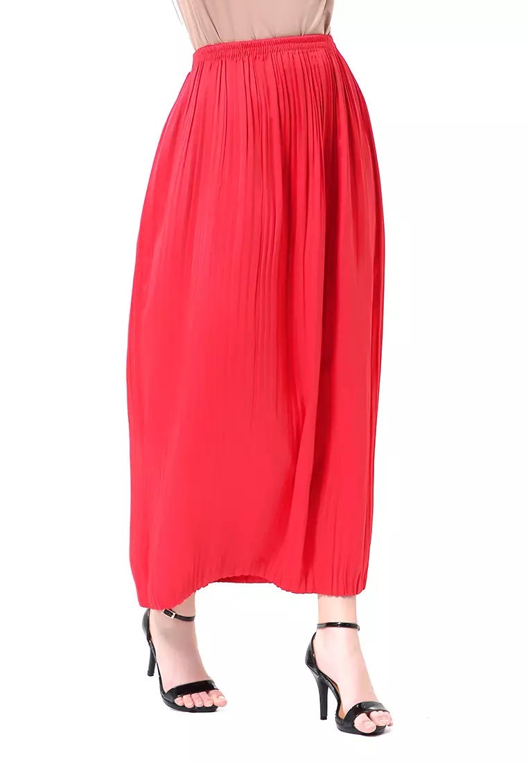 Angely Rok Plisket Rubbery Waist Fashion Wanita Simple - Merah