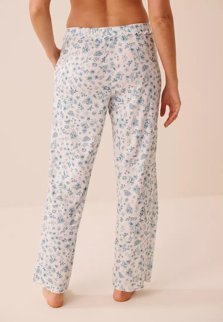 Floral Print Ruffle Hem Pointelle Pajama Pants