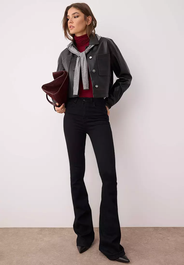 Black Regular Fit Faux Leather Slim Jacket Coats