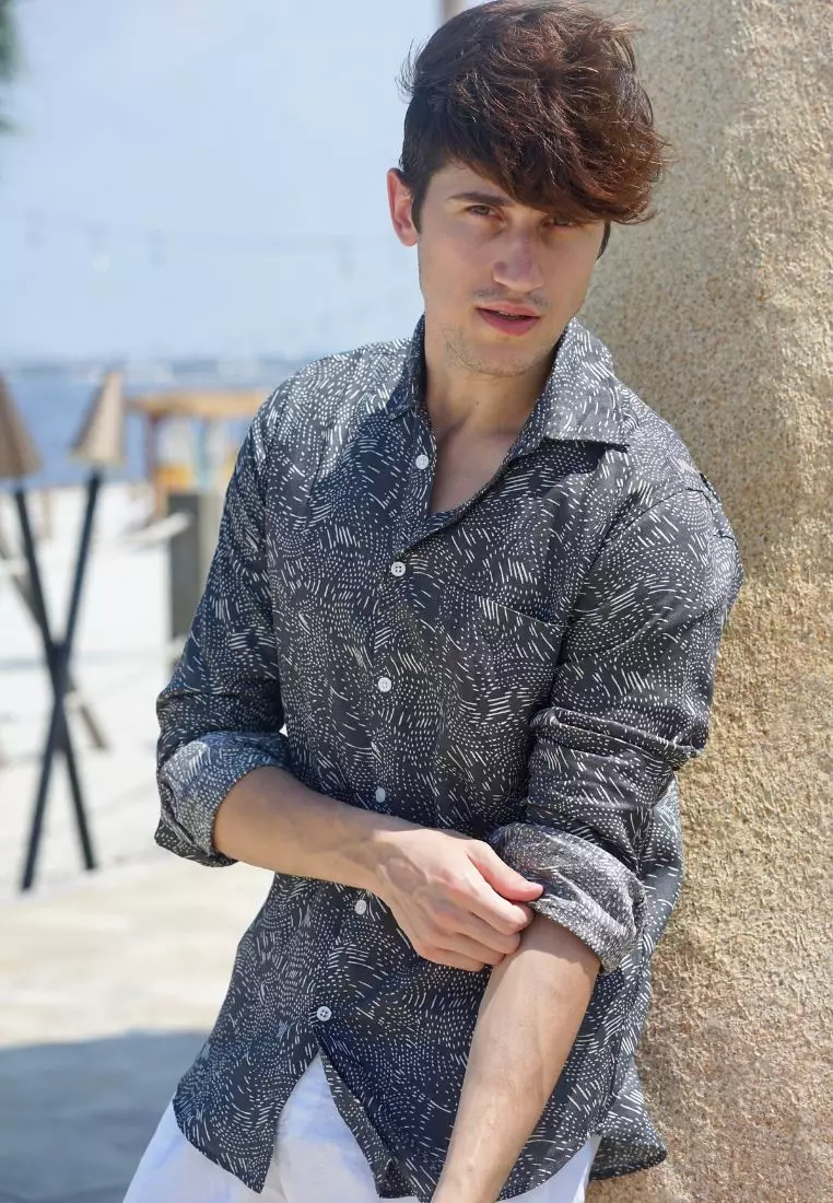 Key West Kemeja Linen Lengan Panjang Pria Hitam Motif | Linen Long Sleeve Shirt Men Patterned Black