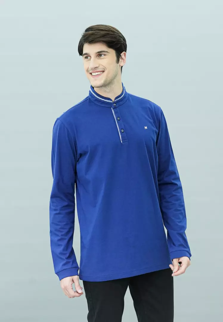 Johnwin - Kaos Henley - Kaos Lengan Panjang - Biru - Kerah Shanghai - APS.630.M457E.27.C-L/S