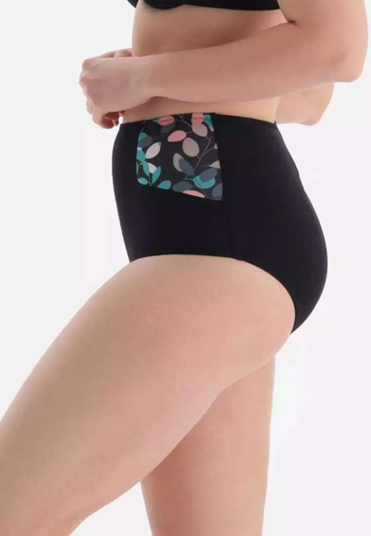 Black - Green Slips, Leaf Print, Swimwear for Women