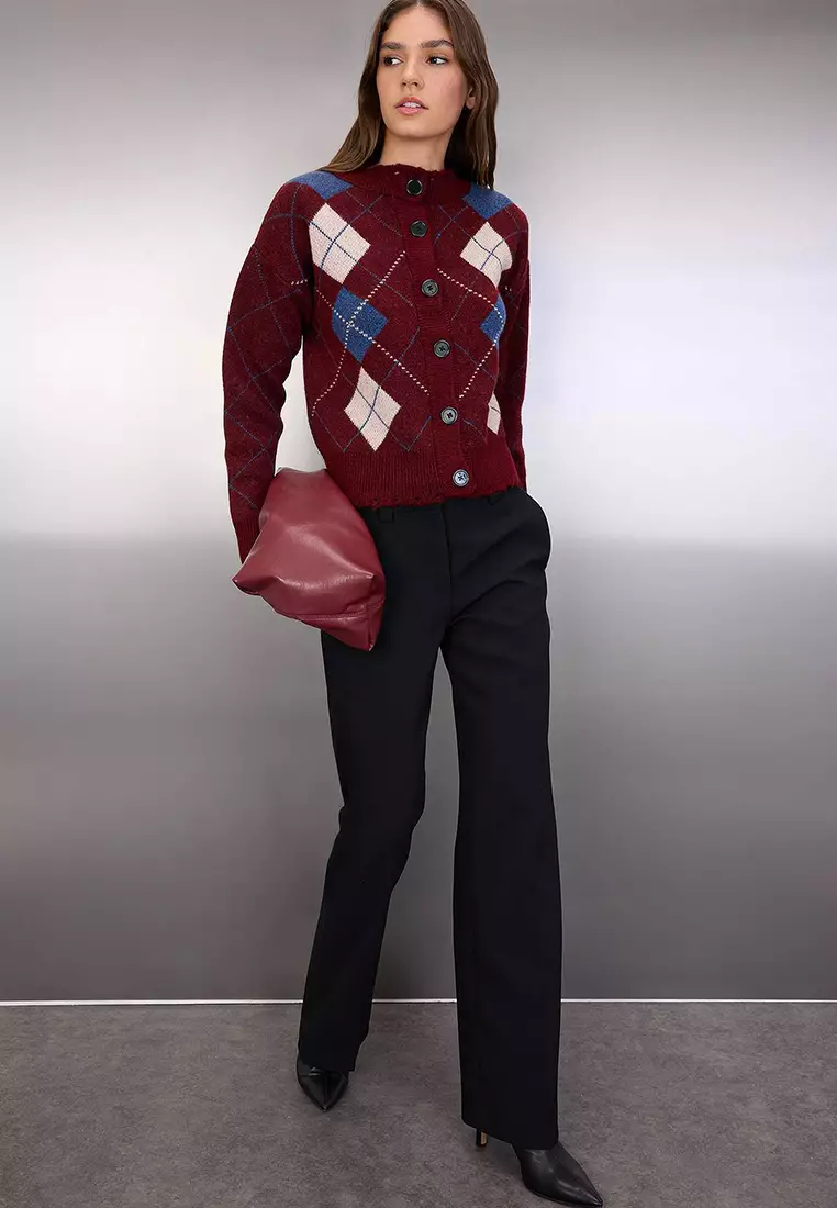 Damson Soft Textured Diamond Pattern Knitwear Cardigan