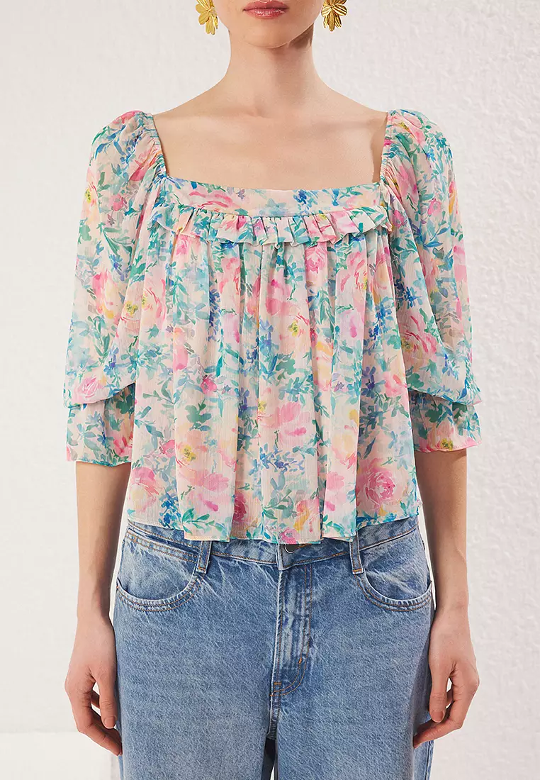 Green Chiffon Square Collar Balloon Sleeve Woven Blouse