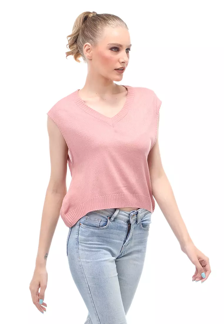 Vest Knit Atasan Wanita Sleeves Kerah V-neck Design Simple - Pink