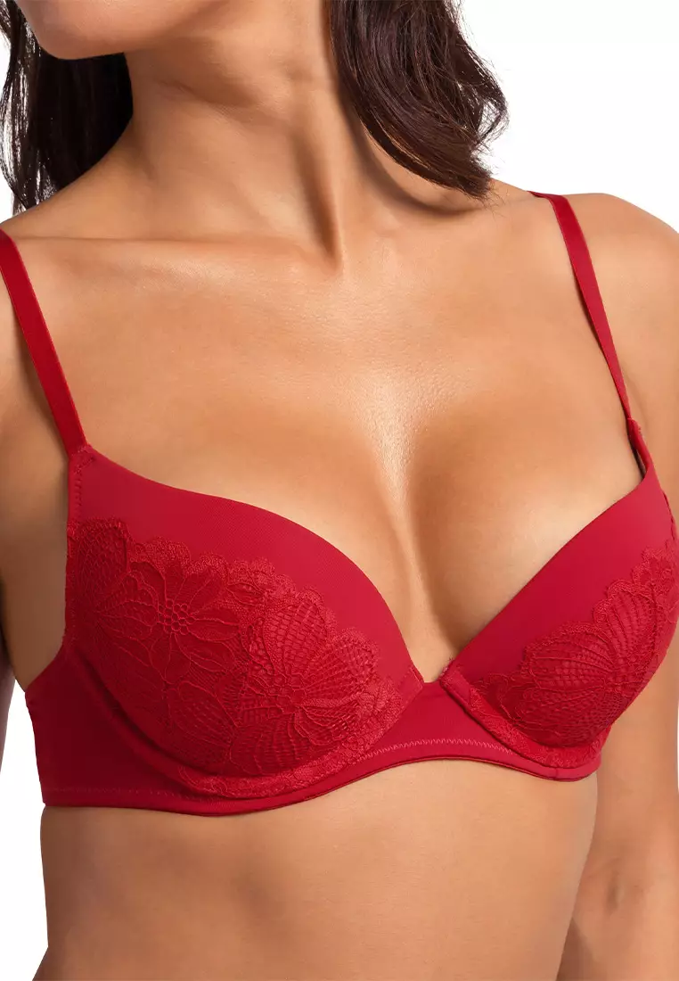 FLORIE Women's Push Up Bra Plunge 3/4 Cup Underwired Demi T-shirt Bras, Pack of 2, Red Beige