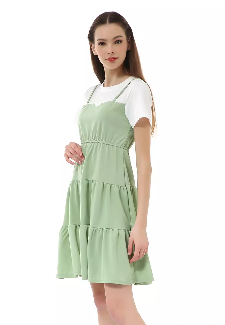 Rachel Midi Dress Wanita Lengan Pendek Model Menyatu Korean Style Material Cotton ORIGINAL - Green
