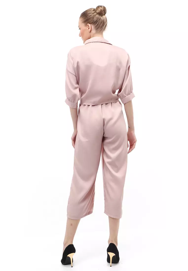 Jumpsuit Wanita Casual Motif Solid Setelan Relaxed Fit - Coklat Susu